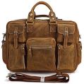 Brown Plain multi pocket leather briefcase messenger bag