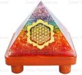 7 Chakra Stone Orgone Vastu Pyramid with Golden Spiritual Symbols and Brown Wooden Stand