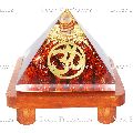 Orgone Rudraksh Stone and Golden Om Symbol Vastu Pyramid with Brown Wooden Stand