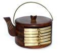 Wood & Brass wooden kettle shape coaster set