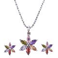 Indian Silver Tone Crystal CZ Flower Pendant Chain Necklace Earrings Jewelry Set for Women