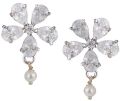 silver tone cubic zirconia floral pearl drop stud earrings