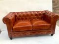 Brown Plain Polished two seater leather chesterfield sofa