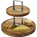 NATURAL WOODEN ROUND CAKE STAND WITH METAL