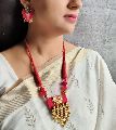 Red Fabric & Antique Gold Finish Necklace Set