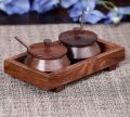 Wooden Tray with 2 Handi and Spoons