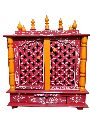 Teak Wood Light Brown Red Printed Polished designer wooden temple