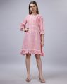 Cotton 3/4th Sleeves Regular Fit ladies pink printed one piece dress