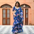 Printed Blue Cotton designer party wear stitched blouse lehenga saree