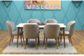 White Onyx Marble Top Modern Dining Table Set With Table With Teak Wooden Base Frame