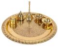 Polished Round Golden handmade brass flower embossed design puja thali