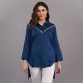 Ladies Navy Blue Shirt Style Cotton Kurti Set