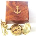 Antique Brass Solid Beautiful Pocket Compass With - Wooden Box